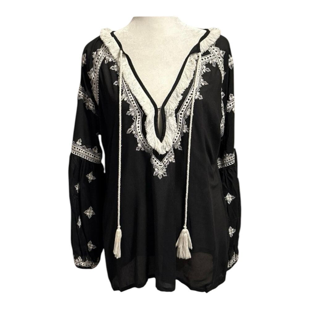 Karina Grimaldi Size L Blouse Top Bohemian Embroidered Boho Long Sleeve Fringe